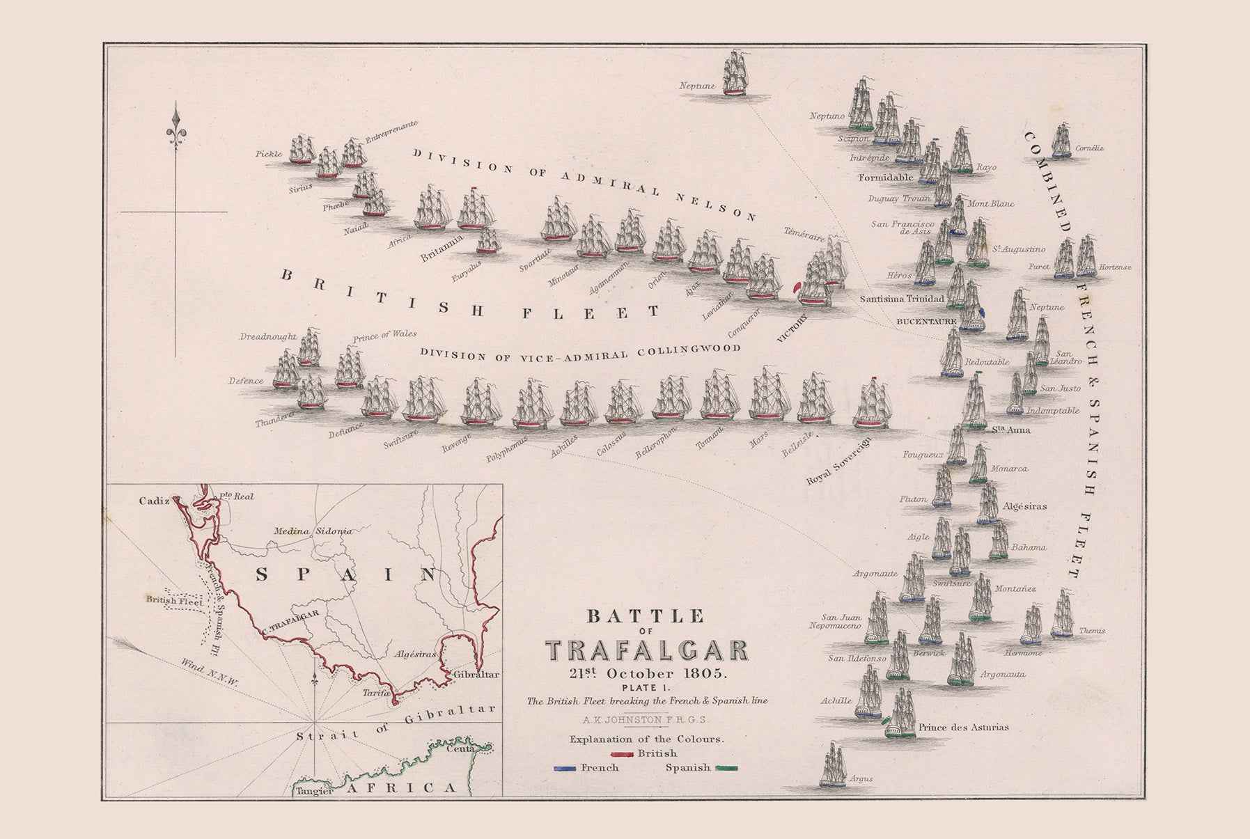 1805 Battle of Trafalgar Cartography Print - Historic Naval Map with Fleet Positions - Strategy Maps